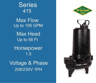 AY McDonald Sewage Pumps, 415 Series, 1.5 Horsepower, 230 Volts 1 Phase